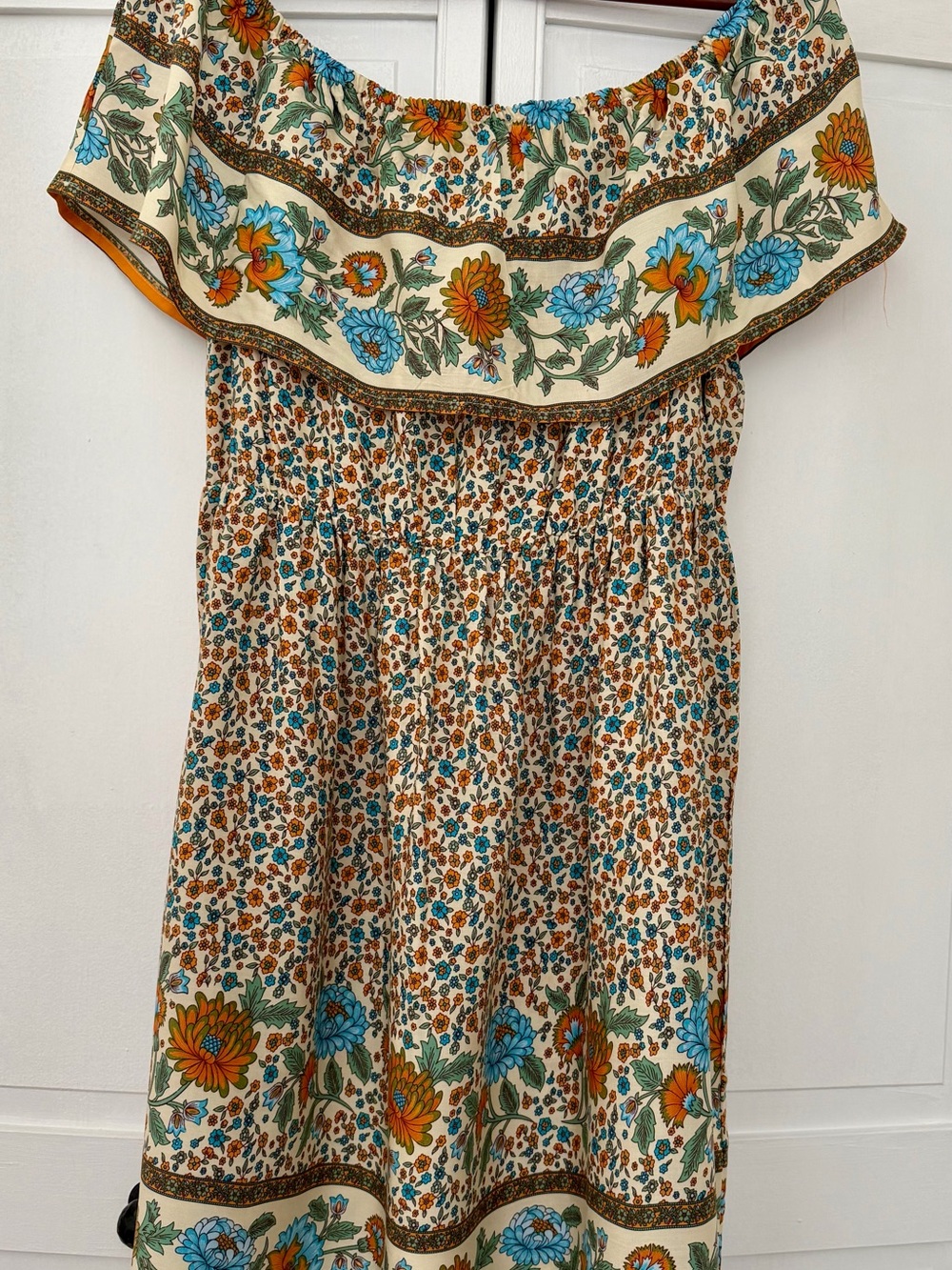 Off-Shoulder Floral Midi Dress in Cream, Blue & Orange